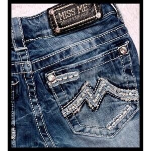 Miss Me Straight Jeans Women 25 Blue‎ Rhinestone Distressed Whiskering JE1209CTN